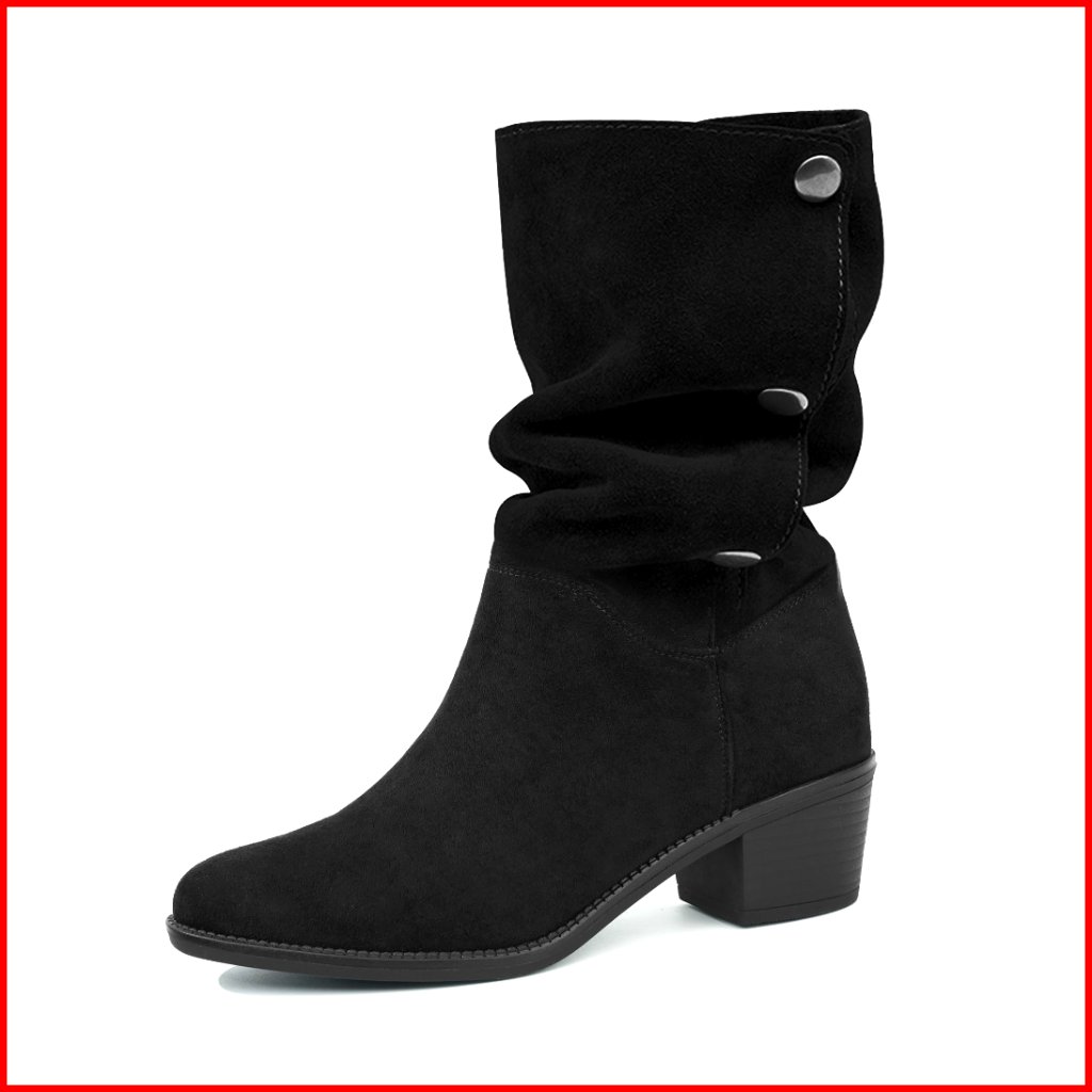 Suede Mid Calf Boots 3 Way Fold Over Chunky Block Heel Booties